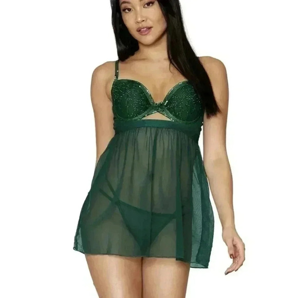 NWT DREAMGIRL SEQUINED FLORAL EMBROIDERED BABYDOLL - Picture 1 of 8